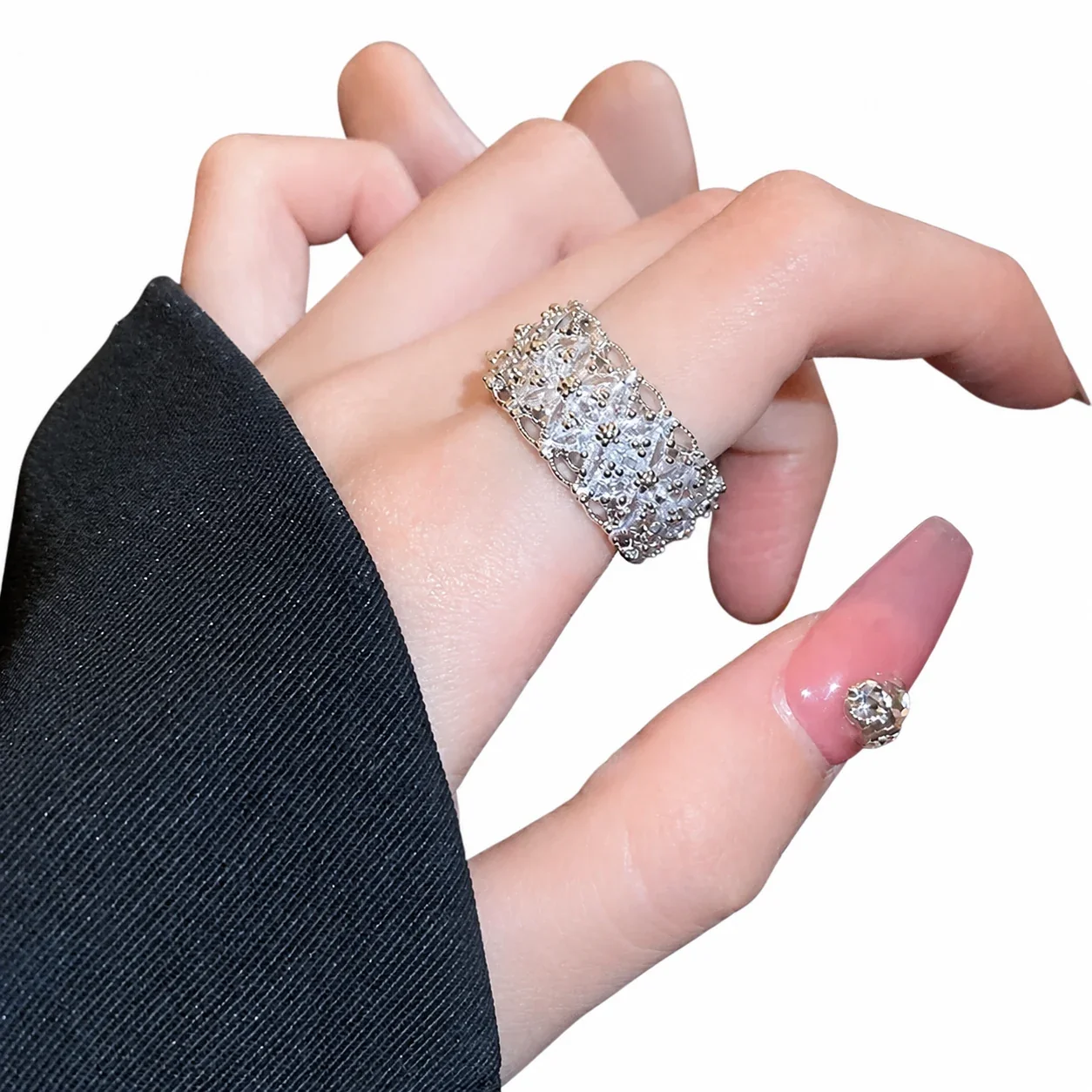 Radiant Silver-Plated Floral Pavé Wide Copper Ring