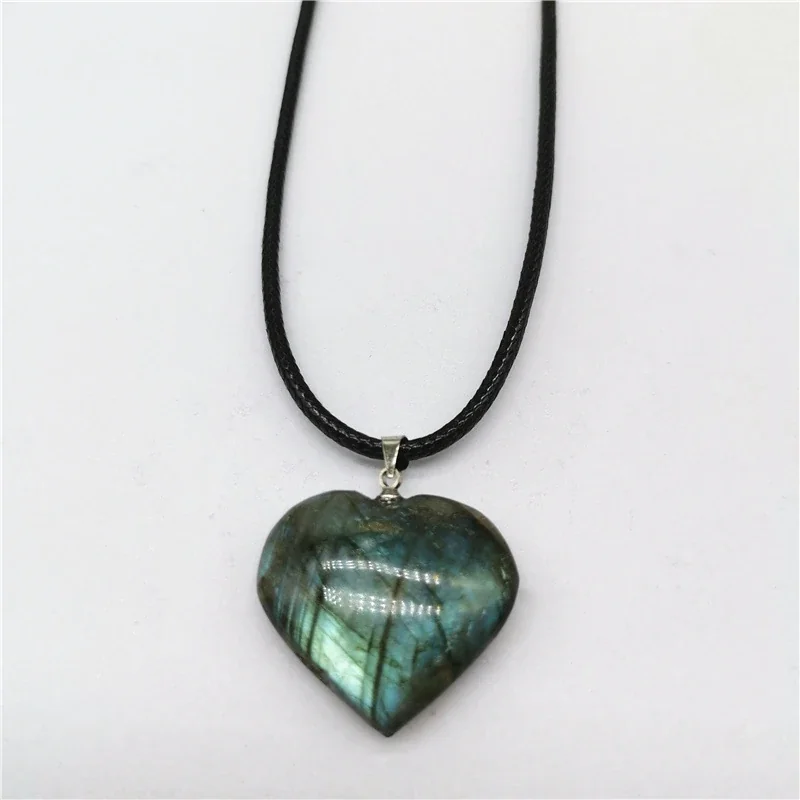 Vivid Crystal Heart Pendant with Braided Cord Necklace - Labradorite Heart Leather