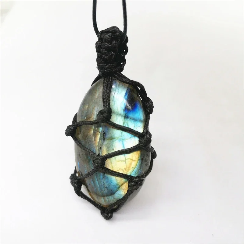 Vivid Crystal Heart Pendant with Braided Cord Necklace - Labradorite Net Pouch