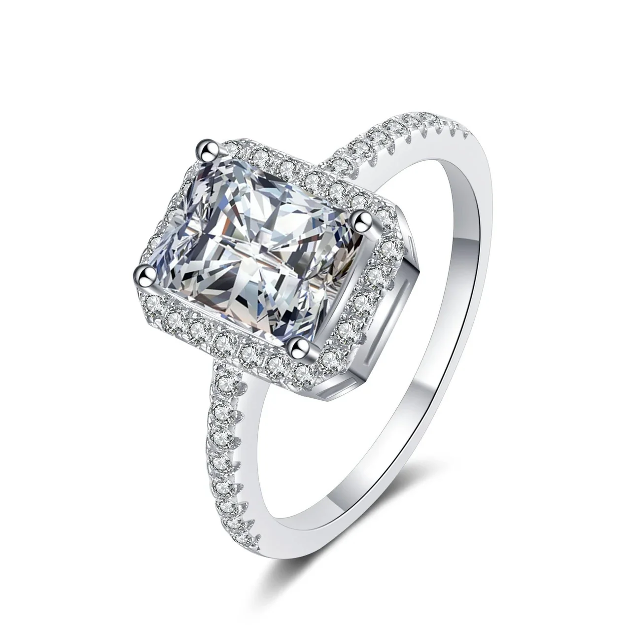 Radiant-Cut Halo 925 Sterling Silver Pavé Band Ring - x High-Carbon Stone