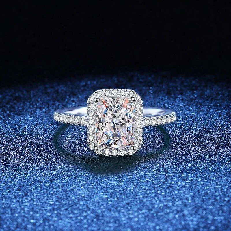Radiant-Cut Halo 925 Sterling Silver Pavé Band Ring - ct Moissanite Radiant Cut
