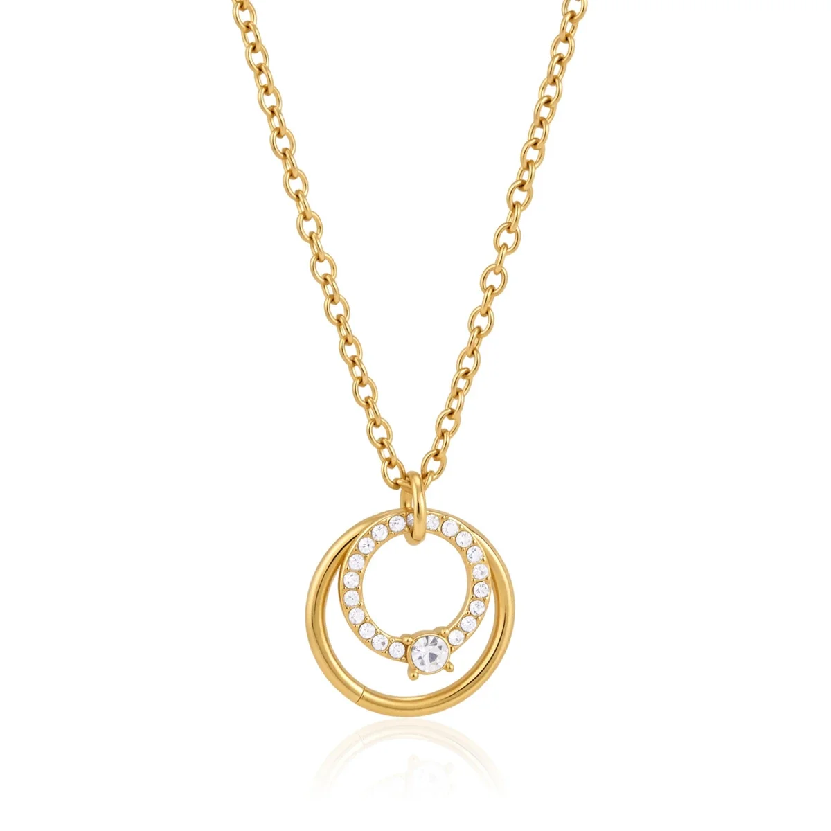 Layered Gold PVD Stainless Steel Circle Crystal Necklace
