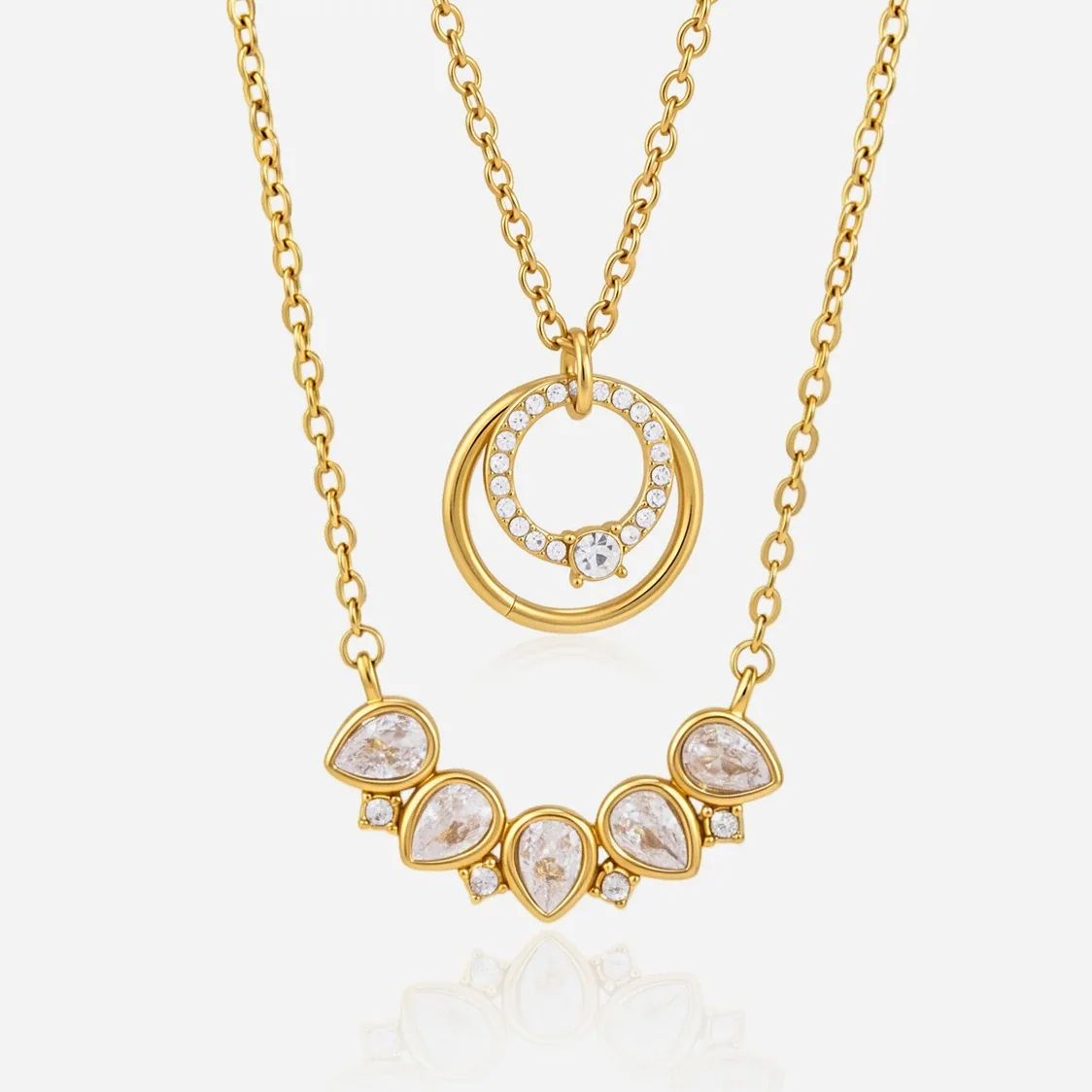Layered Gold PVD Stainless Steel Circle Crystal Necklace