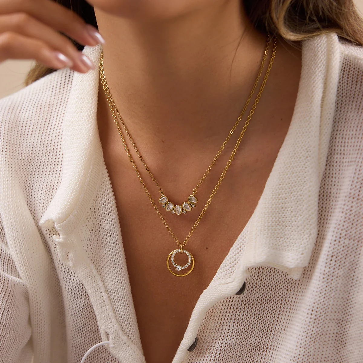 Layered Gold PVD Stainless Steel Circle Crystal Necklace