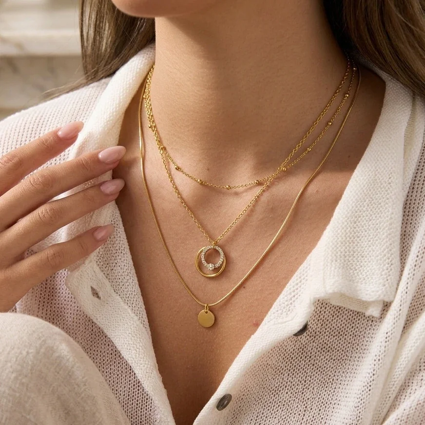 Layered Gold PVD Stainless Steel Circle Crystal Necklace
