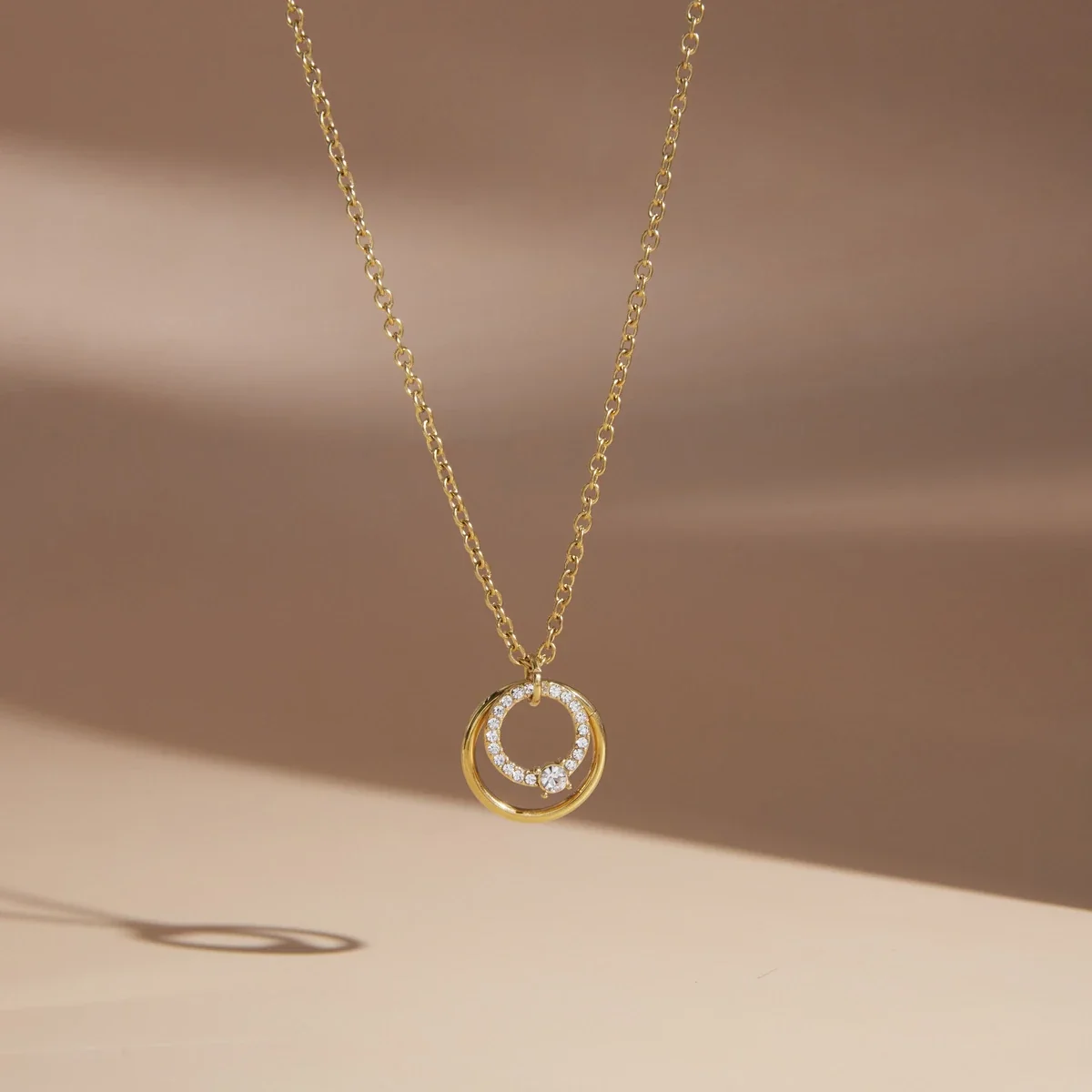 Layered Gold PVD Stainless Steel Circle Crystal Necklace