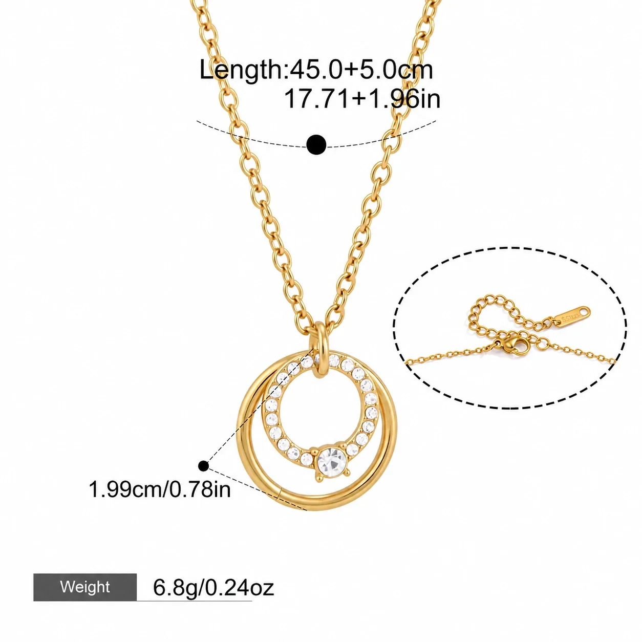 Layered Gold PVD Stainless Steel Circle Crystal Necklace - Gold Circle Crystal