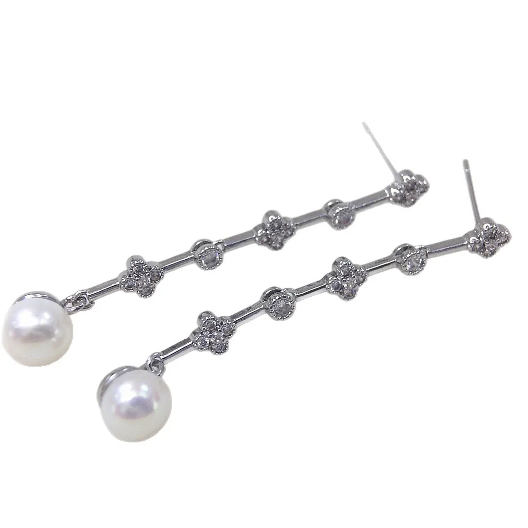 Linear Flower Bar Freshwater Pearl Drop Earrings