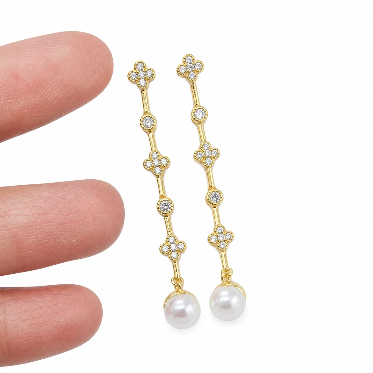 Linear Flower Bar Freshwater Pearl Drop Earrings