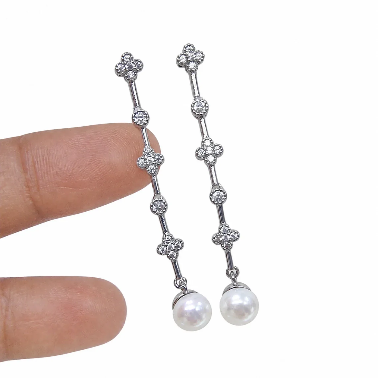 Linear Flower Bar Freshwater Pearl Drop Earrings