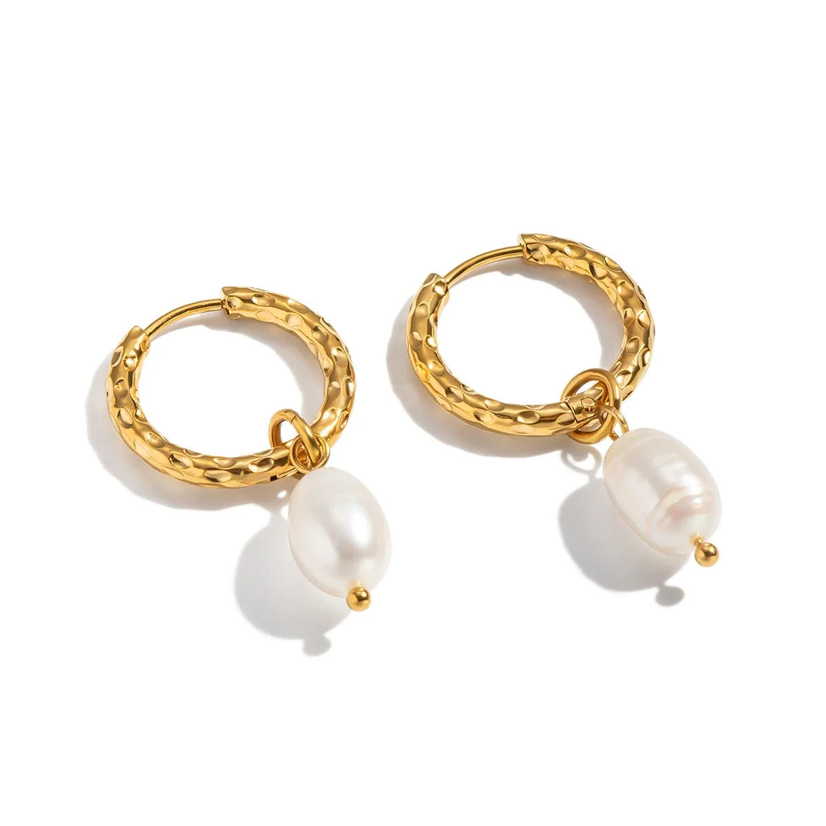 Hammered Stainless Steel Freshwater Pearl Hoop Earrings