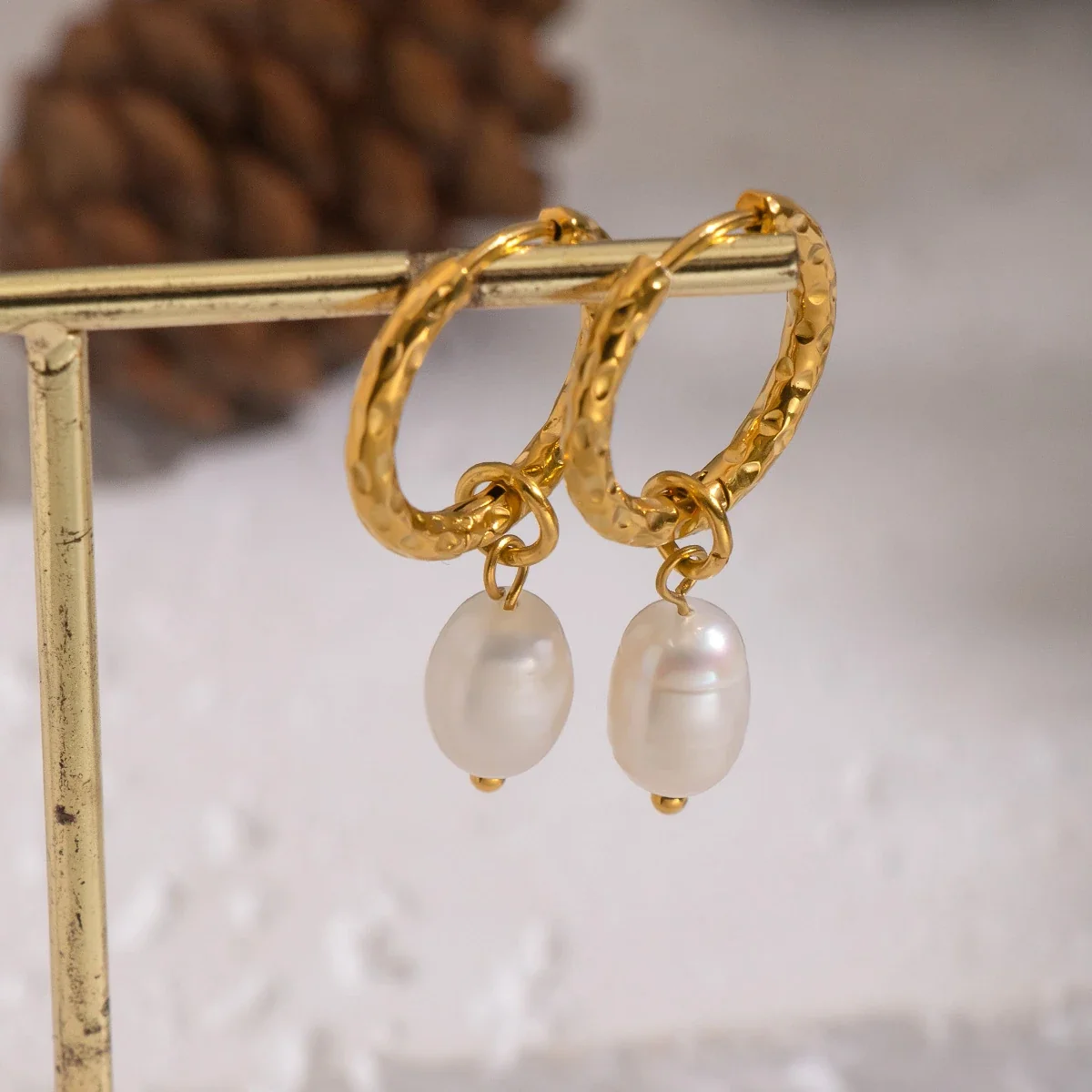 Hammered Stainless Steel Freshwater Pearl Hoop Earrings