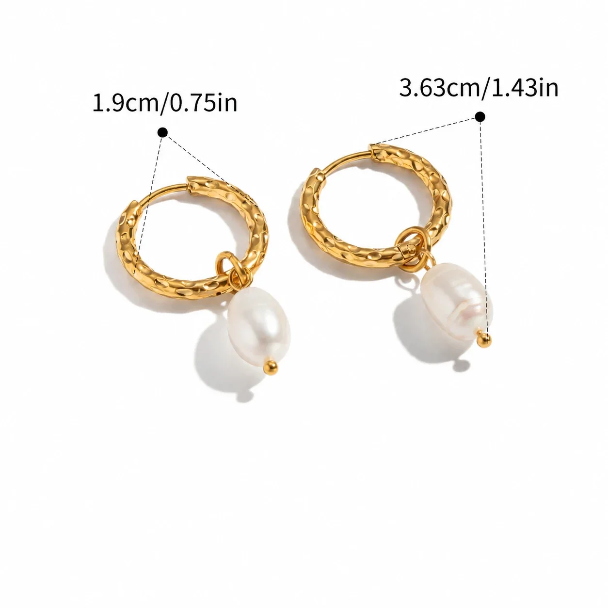 Hammered Stainless Steel Freshwater Pearl Hoop Earrings - Gold