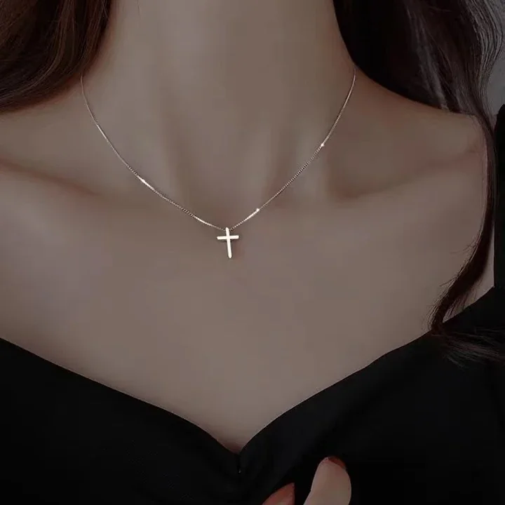 Minimal 925 Sterling Silver Polished Cross Box Chain Necklace