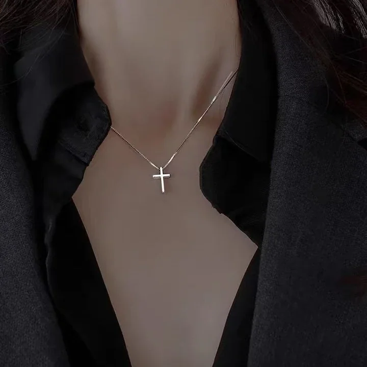 Minimal 925 Sterling Silver Polished Cross Box Chain Necklace