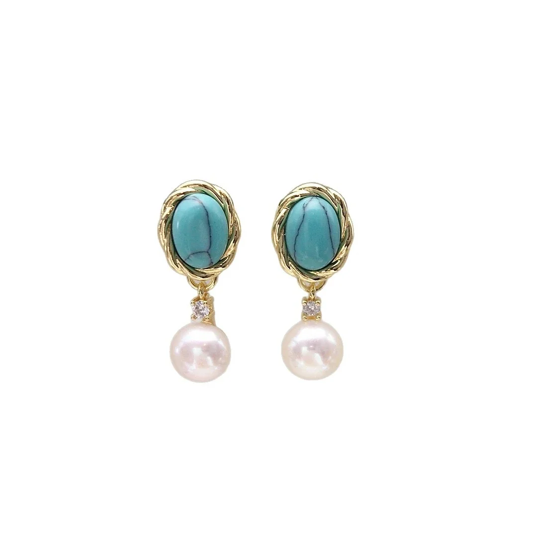 Ornate Gold-Plated Oval Turquoise Rope-Frame Pearl Drop Earrings
