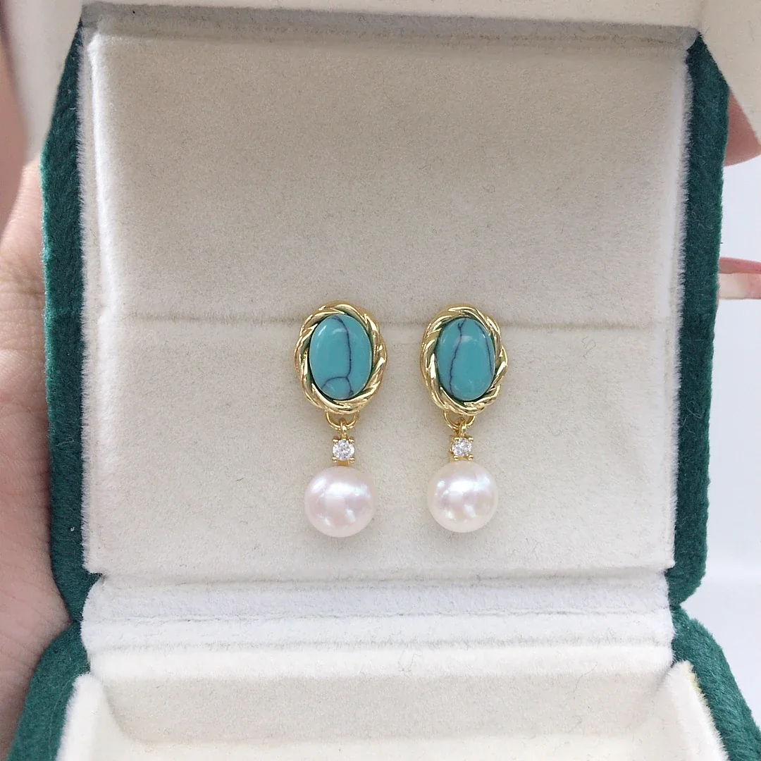Ornate Gold-Plated Oval Turquoise Rope-Frame Pearl Drop Earrings