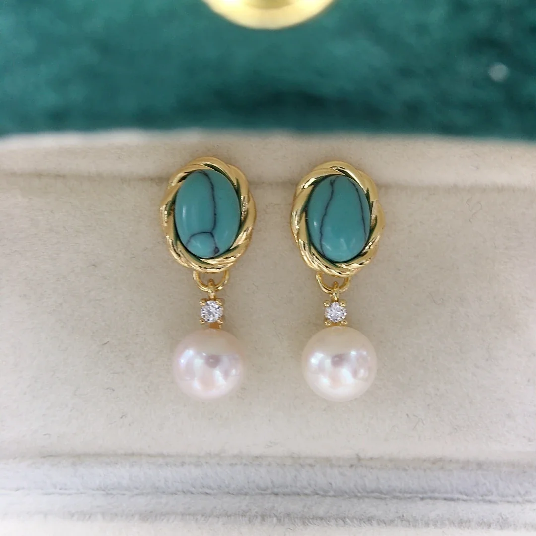 Ornate Gold-Plated Oval Turquoise Rope-Frame Pearl Drop Earrings
