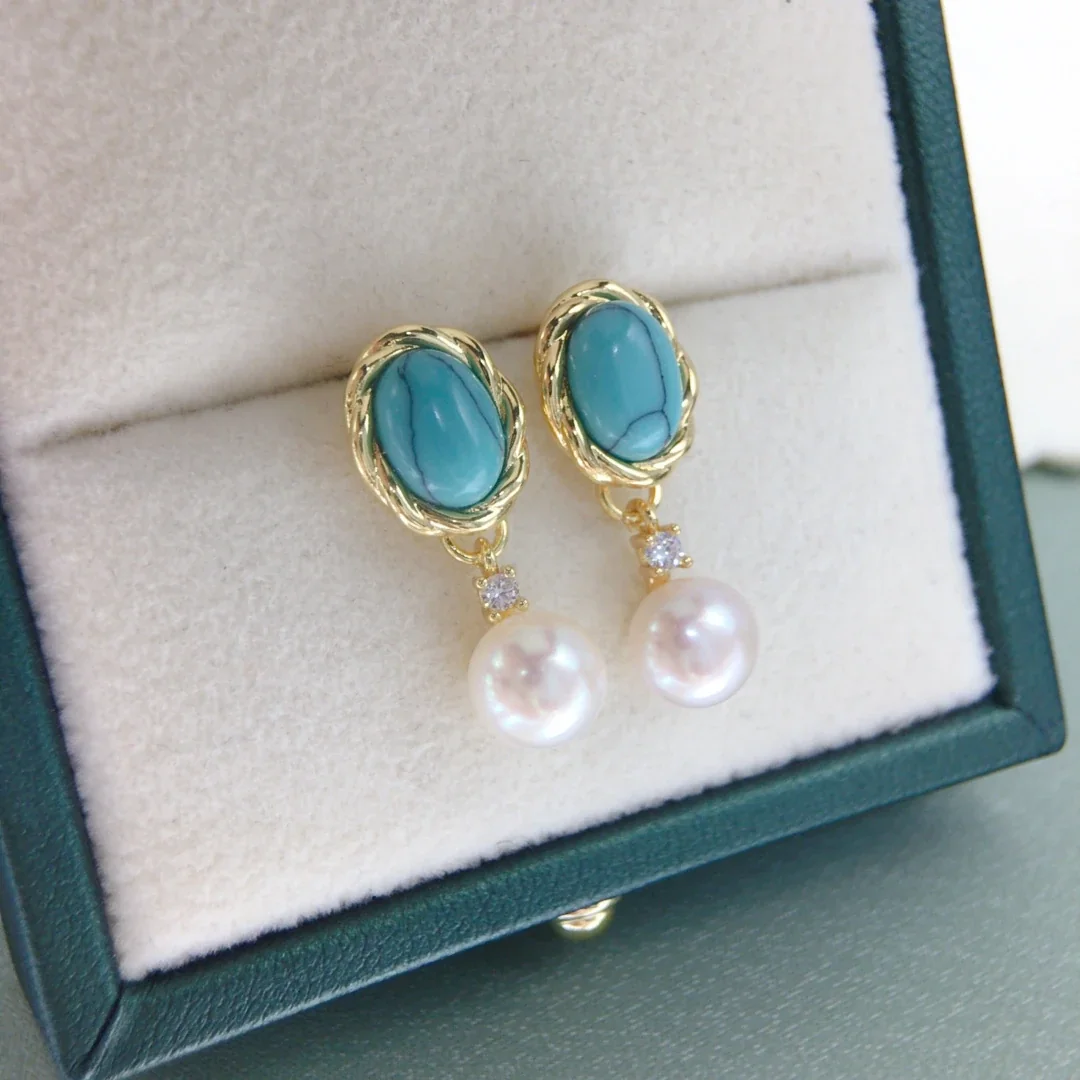 Ornate Gold-Plated Oval Turquoise Rope-Frame Pearl Drop Earrings