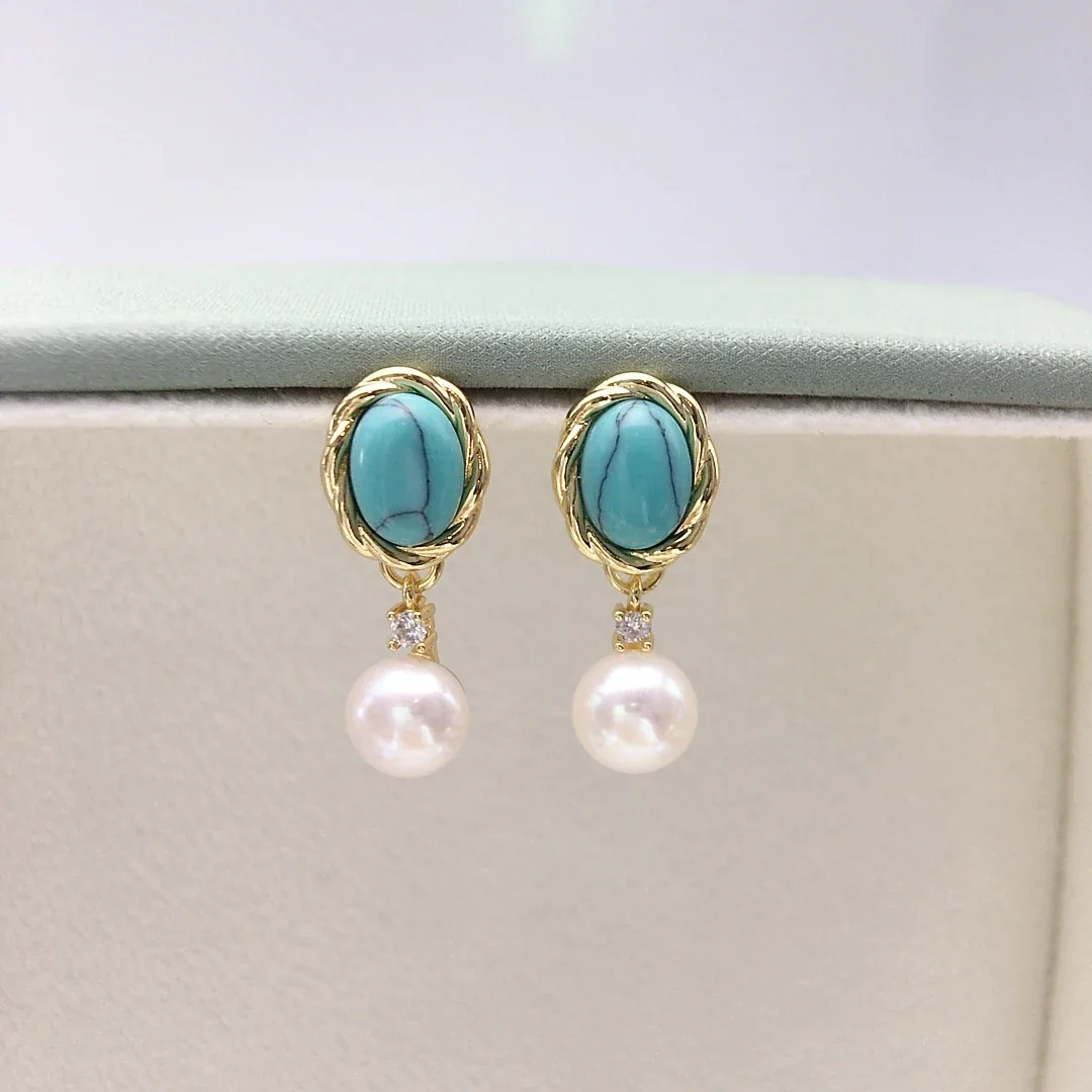 Ornate Gold-Plated Oval Turquoise Rope-Frame Pearl Drop Earrings