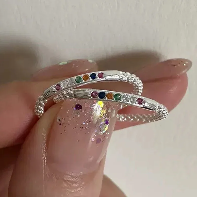 Rainbow Cubic Zirconia Braided 925 Sterling Silver Open Ring