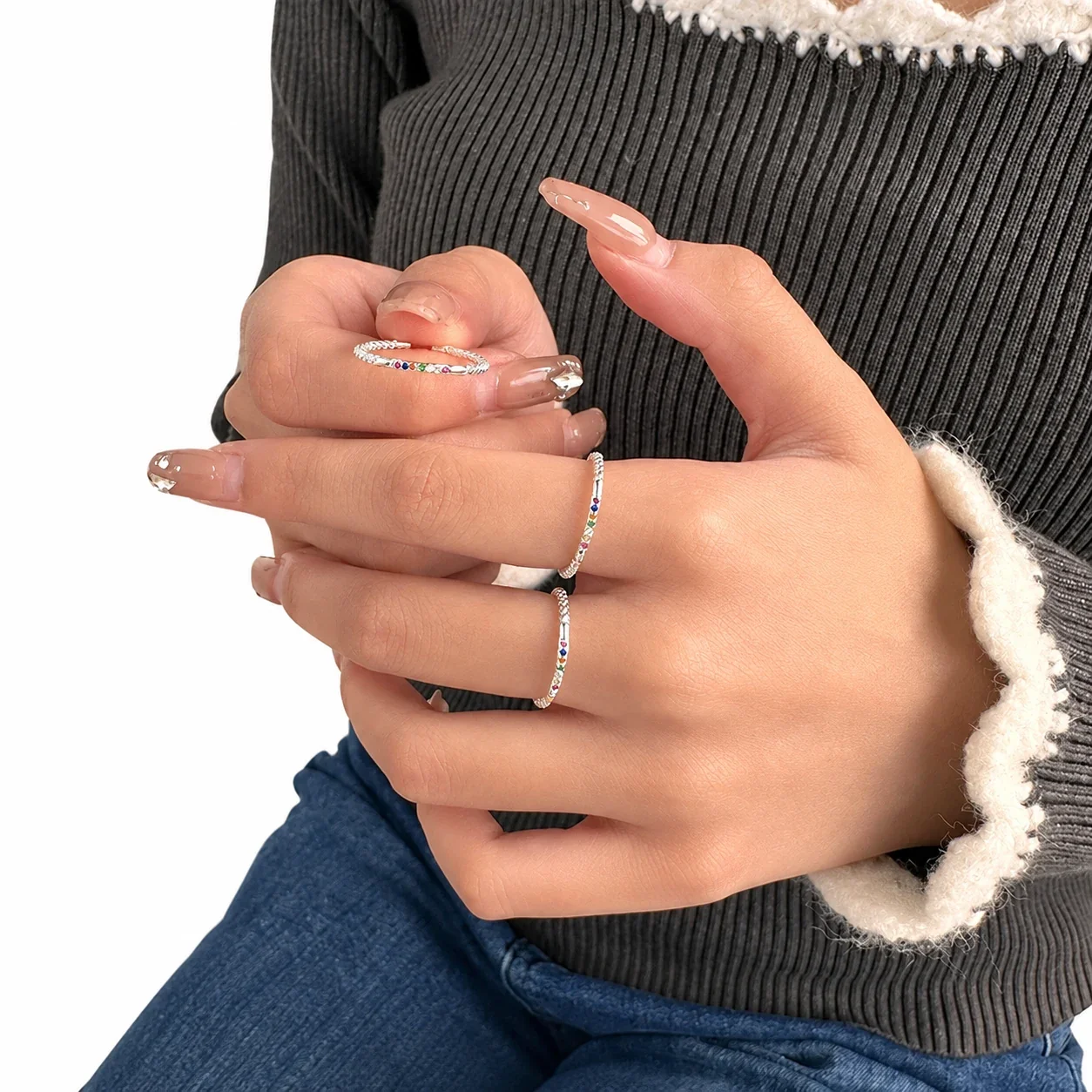 Rainbow Cubic Zirconia Braided 925 Sterling Silver Open Ring