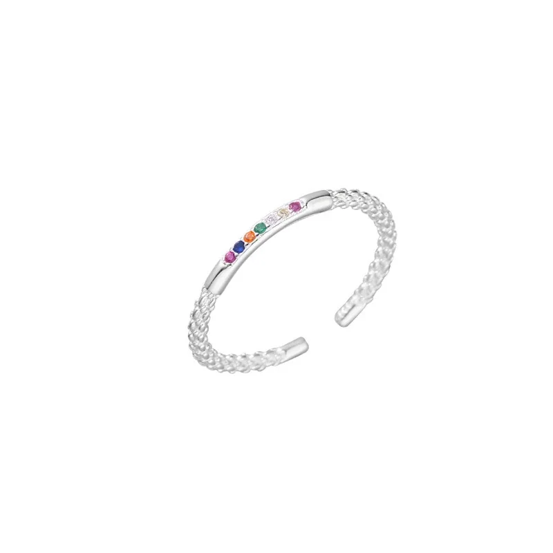 Rainbow Cubic Zirconia Braided 925 Sterling Silver Open Ring - Silver