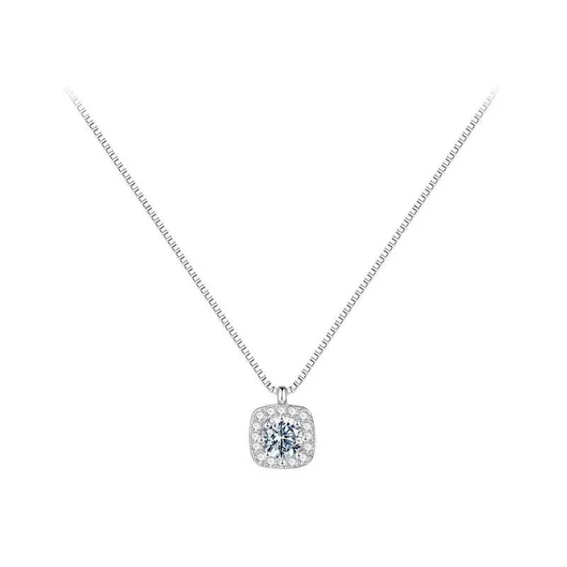 Polished Cushion Halo 925 Sterling Silver Box Chain Necklace