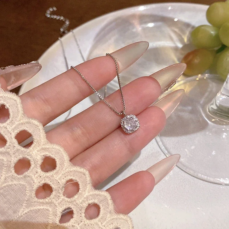 Polished Cushion Halo 925 Sterling Silver Box Chain Necklace