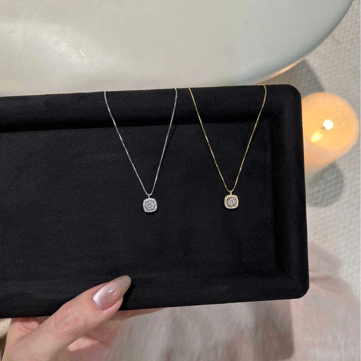 Polished Cushion Halo 925 Sterling Silver Box Chain Necklace