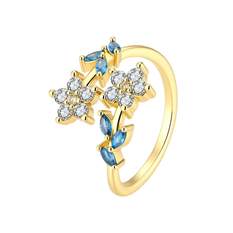 Delicate Gold-Plated Copper Twin Flower Blue Marquise Ring