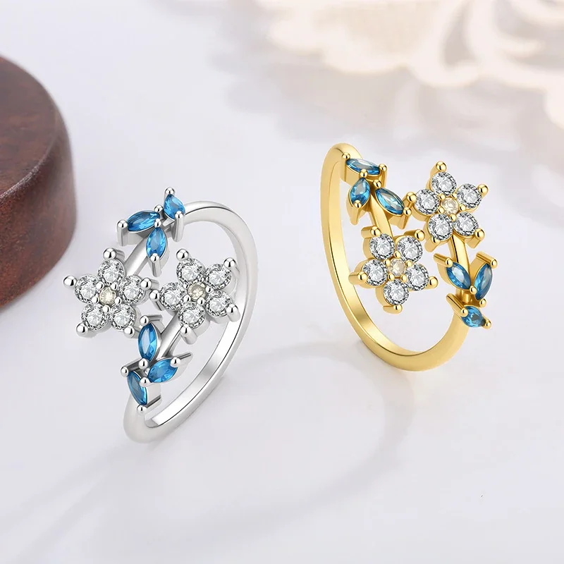 Delicate Gold-Plated Copper Twin Flower Blue Marquise Ring