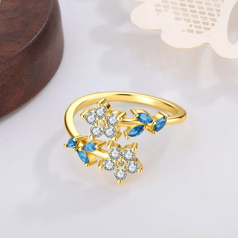 Delicate Gold-Plated Copper Twin Flower Blue Marquise Ring