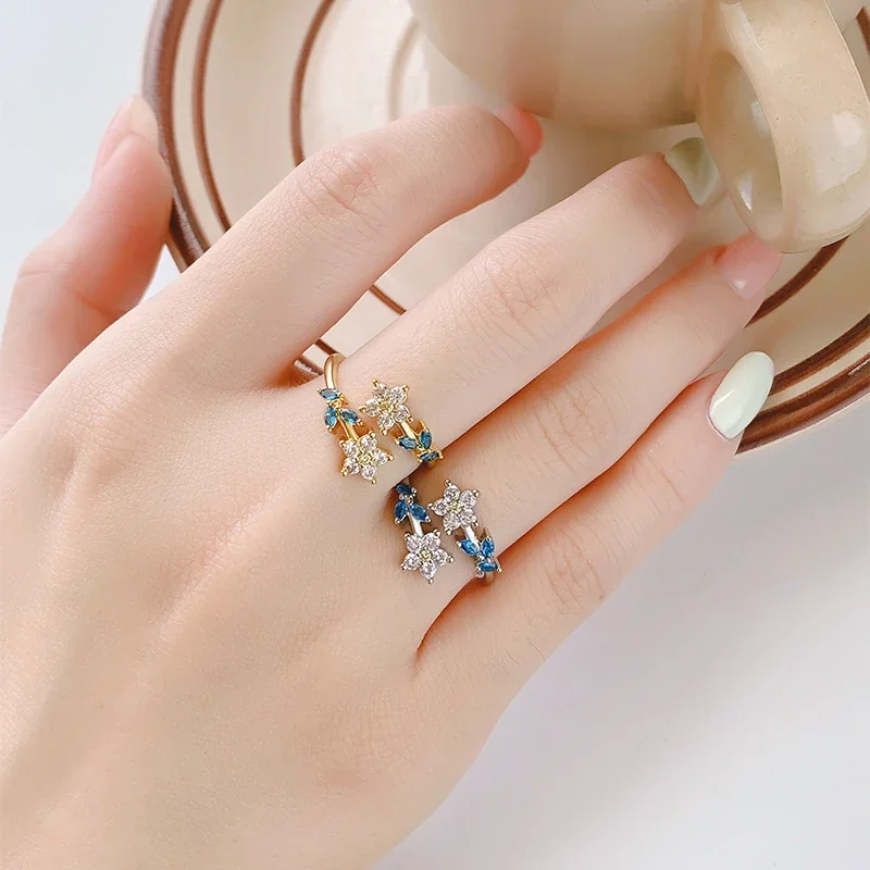 Delicate Gold-Plated Copper Twin Flower Blue Marquise Ring