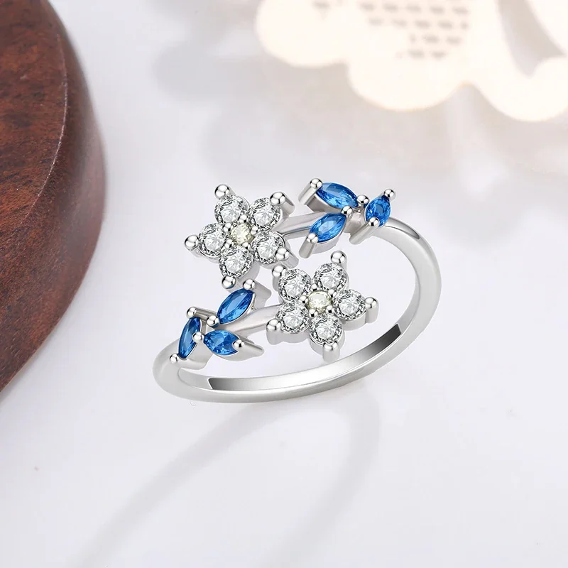 Delicate Gold-Plated Copper Twin Flower Blue Marquise Ring - Silver