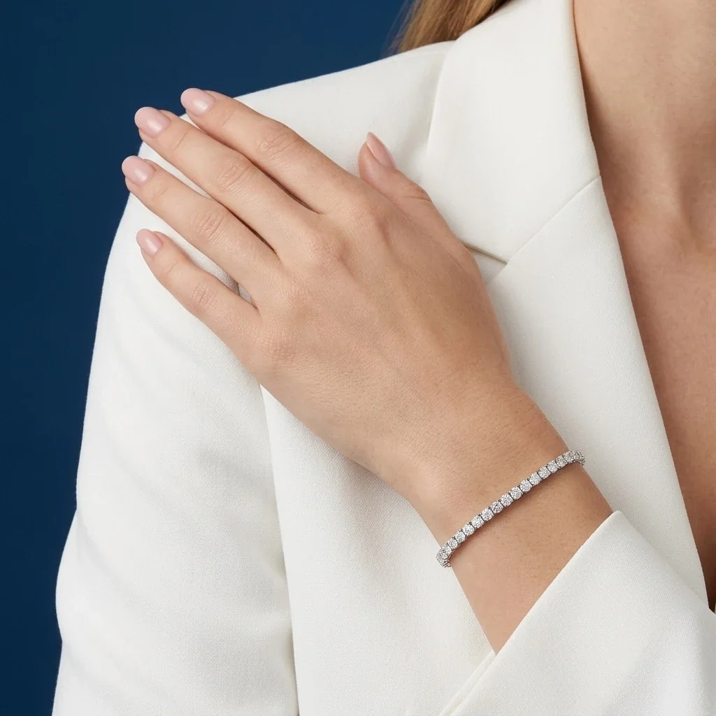 Polished 925 Sterling Silver Round Prong Moissanite Tennis Bracelet