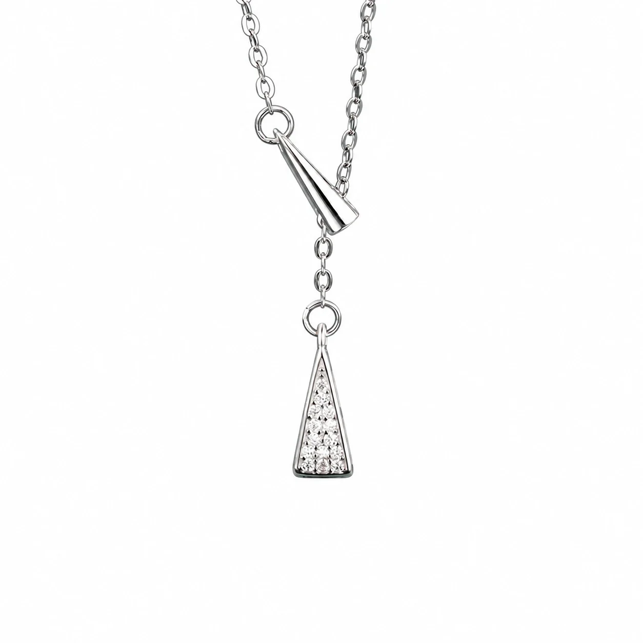 Geometric 925 Sterling Silver Pavé Triangle Lariat Necklace