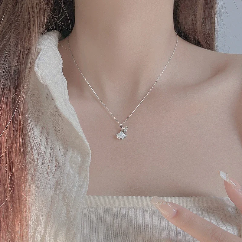 Graceful 925 Sterling Silver Double Ginkgo Leaf Necklace