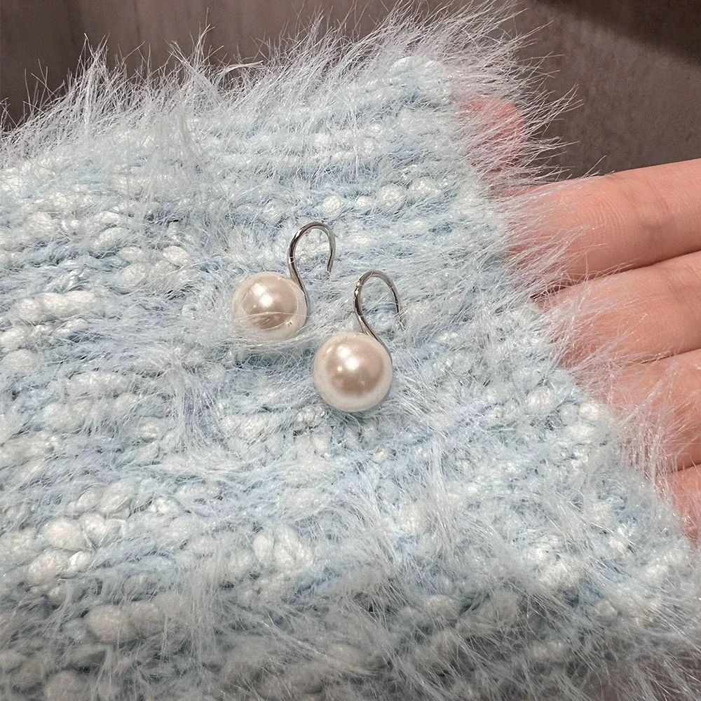 Lustrous Round Pearl Hook 925 Sterling Silver Drop Earrings - Silver 10 mm Pearl
