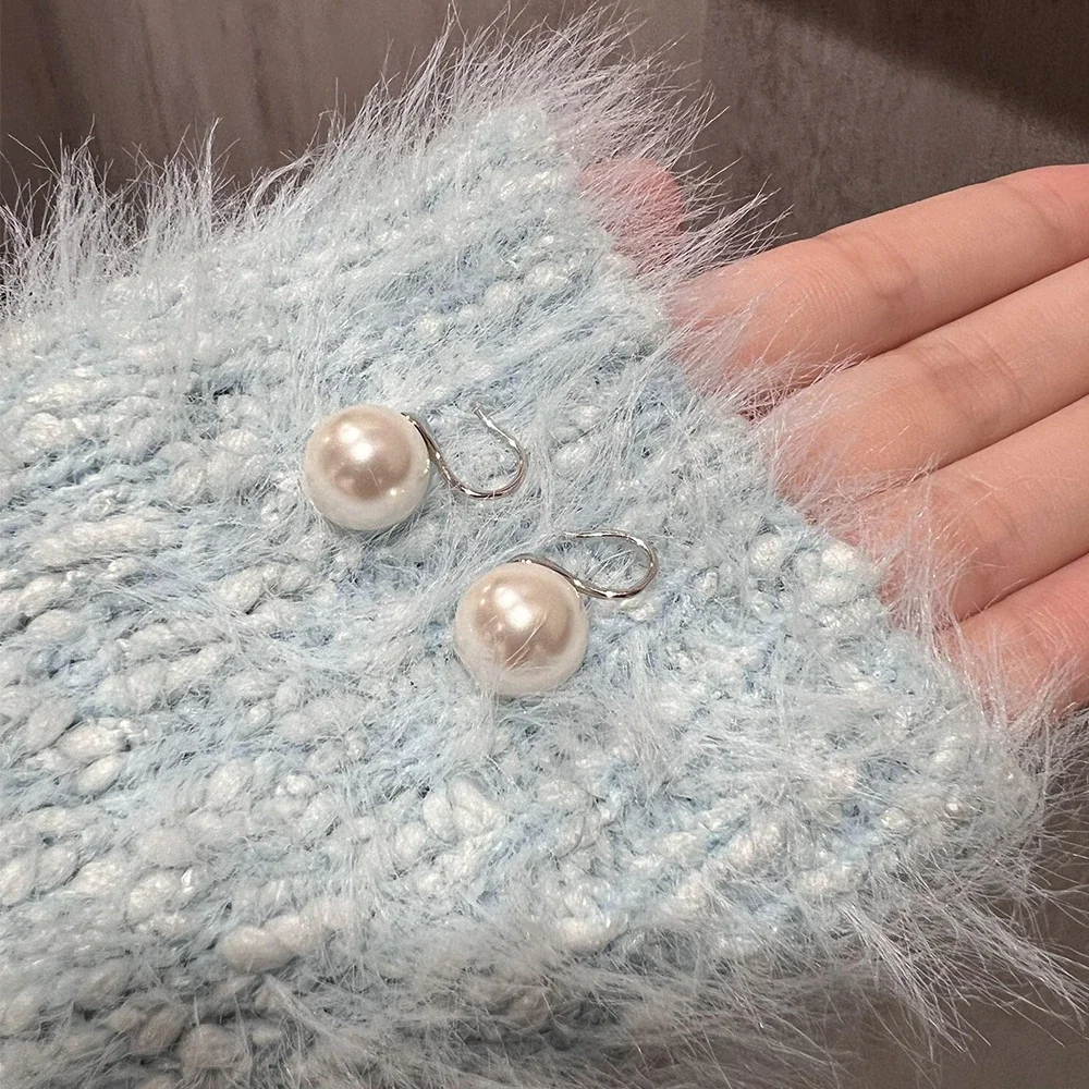 Lustrous Round Pearl Hook 925 Sterling Silver Drop Earrings - Silver 12 mm Pearl