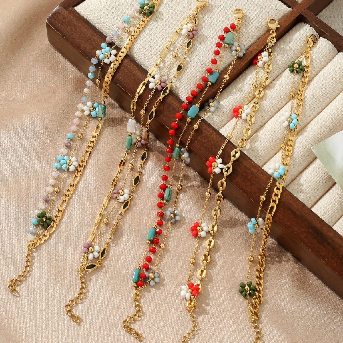 Playful Gold-Plated Multistrand Beaded Chain Anklet