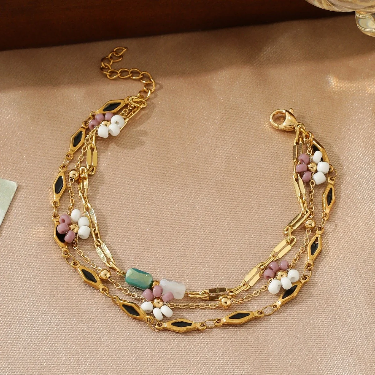 Playful Gold-Plated Multistrand Beaded Chain Anklet