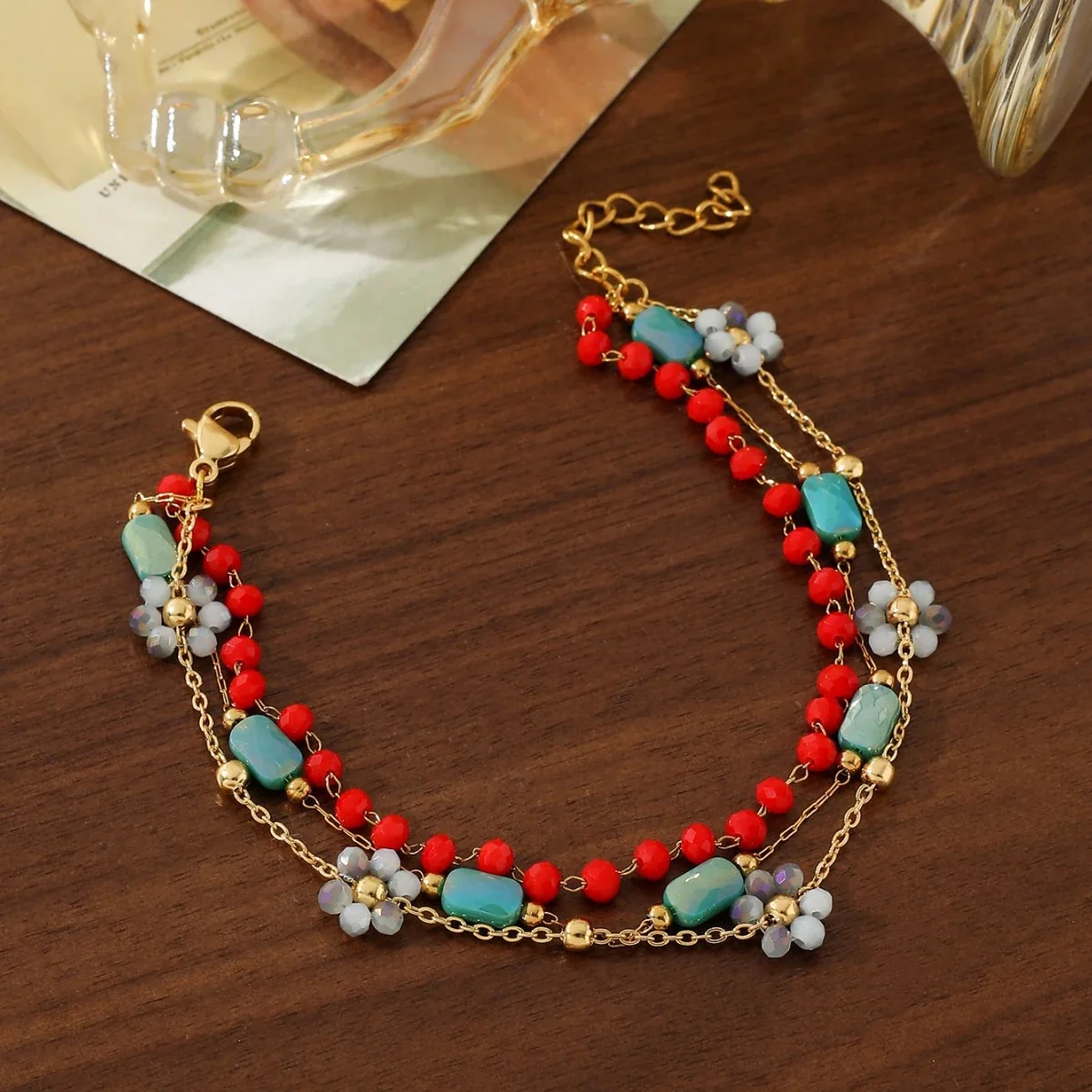 Playful Gold-Plated Multistrand Beaded Chain Anklet