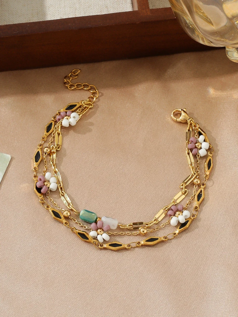 Playful Gold-Plated Multistrand Beaded Chain Anklet - Gold Turquoise Curb