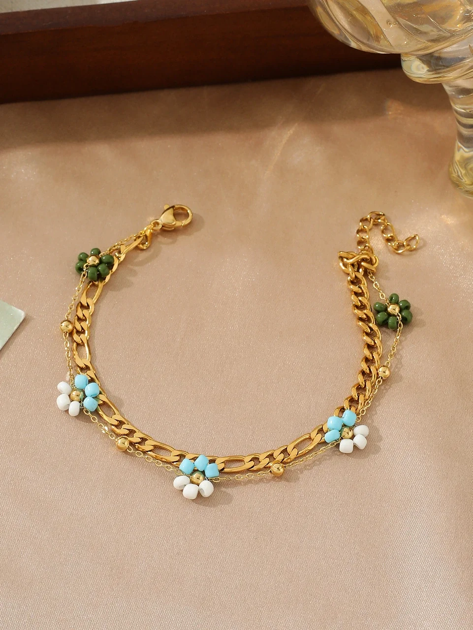 Playful Gold-Plated Multistrand Beaded Chain Anklet - Gold Black Inlay