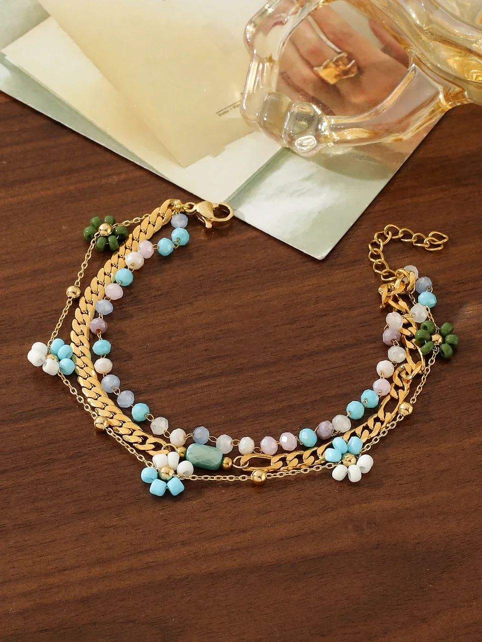 Playful Gold-Plated Multistrand Beaded Chain Anklet - Gold Red Beaded