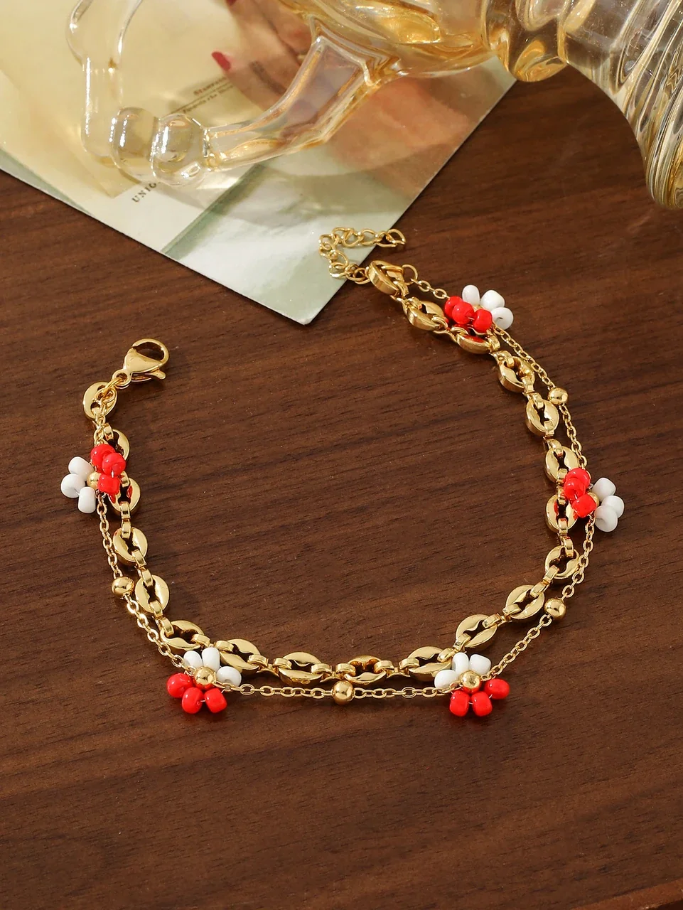 Playful Gold-Plated Multistrand Beaded Chain Anklet - Gold White and Red Flower