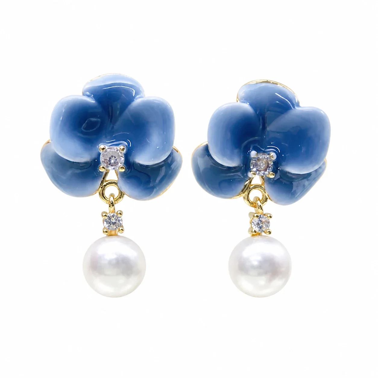 Glossy Orchid Crystal Gold-Plated Freshwater Pearl Drop Earrings - Blue