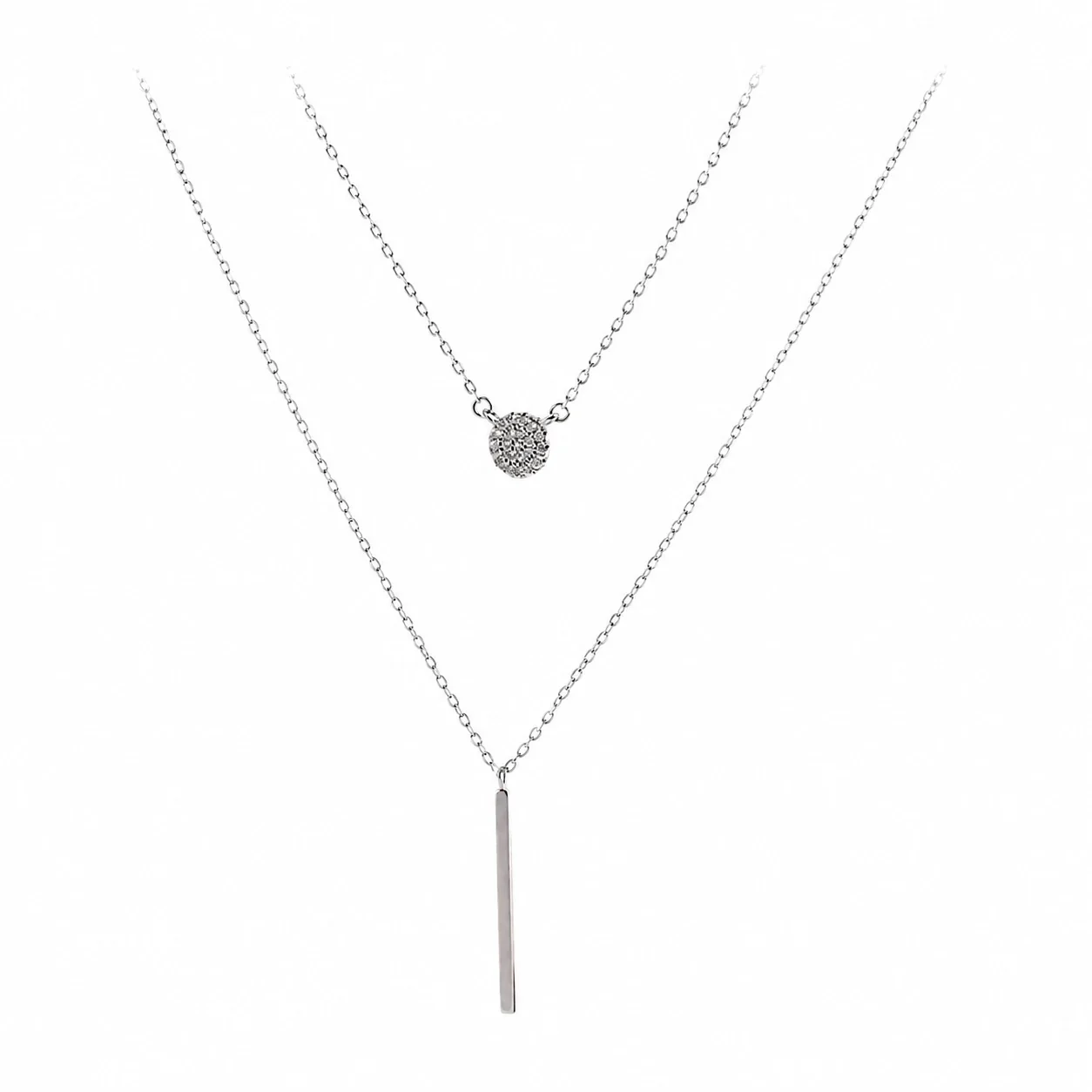Modern 925 Sterling Silver Pavé Disc Bar Necklace