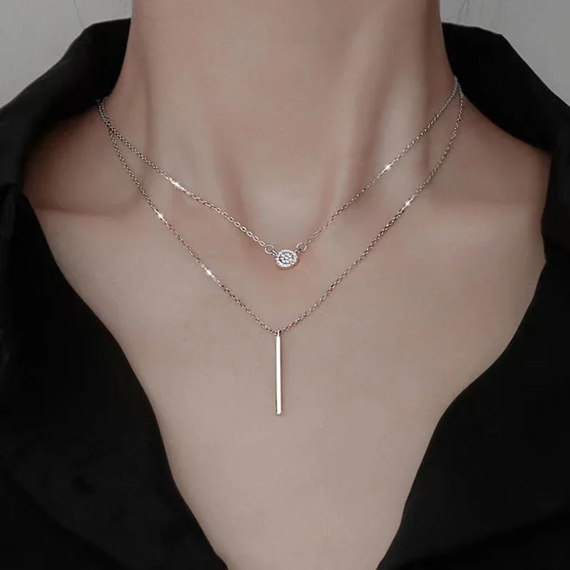 Modern 925 Sterling Silver Pavé Disc Bar Necklace